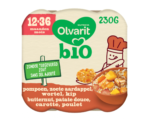 Olvarit Bio babymaaltijd 12M Wortel Pompoen Zoete Aardappel Kip 230g Hopr online supermarkt