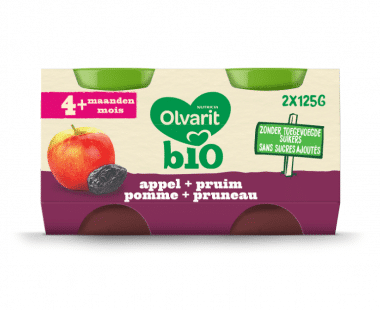 Olvarit Bio fruitpotje baby 4 maanden Appel pruim 2x125g Hopr online supermarkt