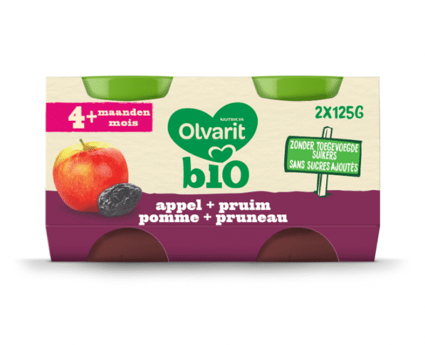 Olvarit Bio fruitpotje baby 4 maanden Appel pruim 2x125g Hopr online supermarkt