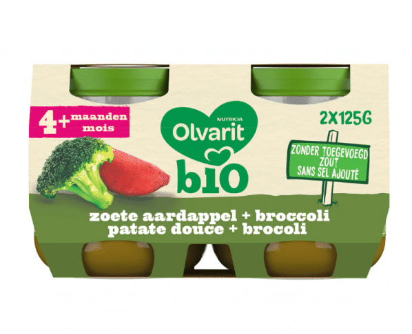Olvarit Bio groentenpap baby 4 maanden Zoete Aardappel Broccoli 2x125g Hopr online supermarkt