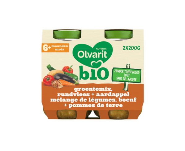 Olvarit Bio maaltijdpotje baby 6 maanden Groentenmix Rundvlees Aardappel 2x200g Hopr online supermarkt