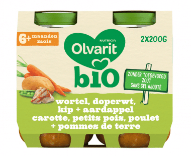 Olvarit Bio maaltijdpotje baby 6 maanden Wortel Erwtjes Kip 2x200g Hopr online supermarkt