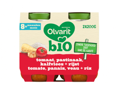 Olvarit Bio maaltijdpotje baby 8 maanden Tomaat Pastinaak Kalfsvlees Rijst 2x200g Hopr online supermarkt