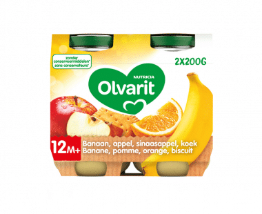 Olvarit fruitpap baby 12 maanden Banaan Appel Sinaasappel Koek 2x200g Hopr online supermarkt