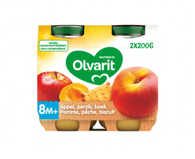 Olvarit fruitpap baby 8 maanden Appel perzik Koek 2x200g Hopr online supermarkt