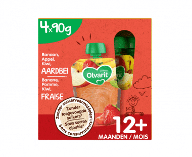 Olvarit fruitpap baby Multipack 12M Banaan Appel Kiwi Aardbei 4x90g Hopr online supermarkt