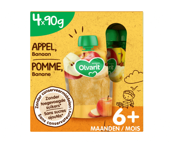 Olvarit fruitpap baby Multipack 6M Appel Banaan 4x90g Hopr online supermarkt